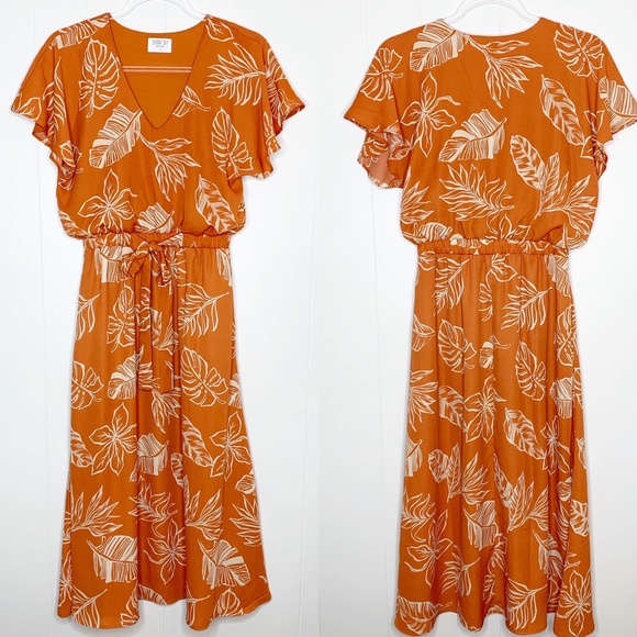 Sienna Sky Dresses & Skirts - Sienna Sky Orange Floral Print Flutter Midi Dress